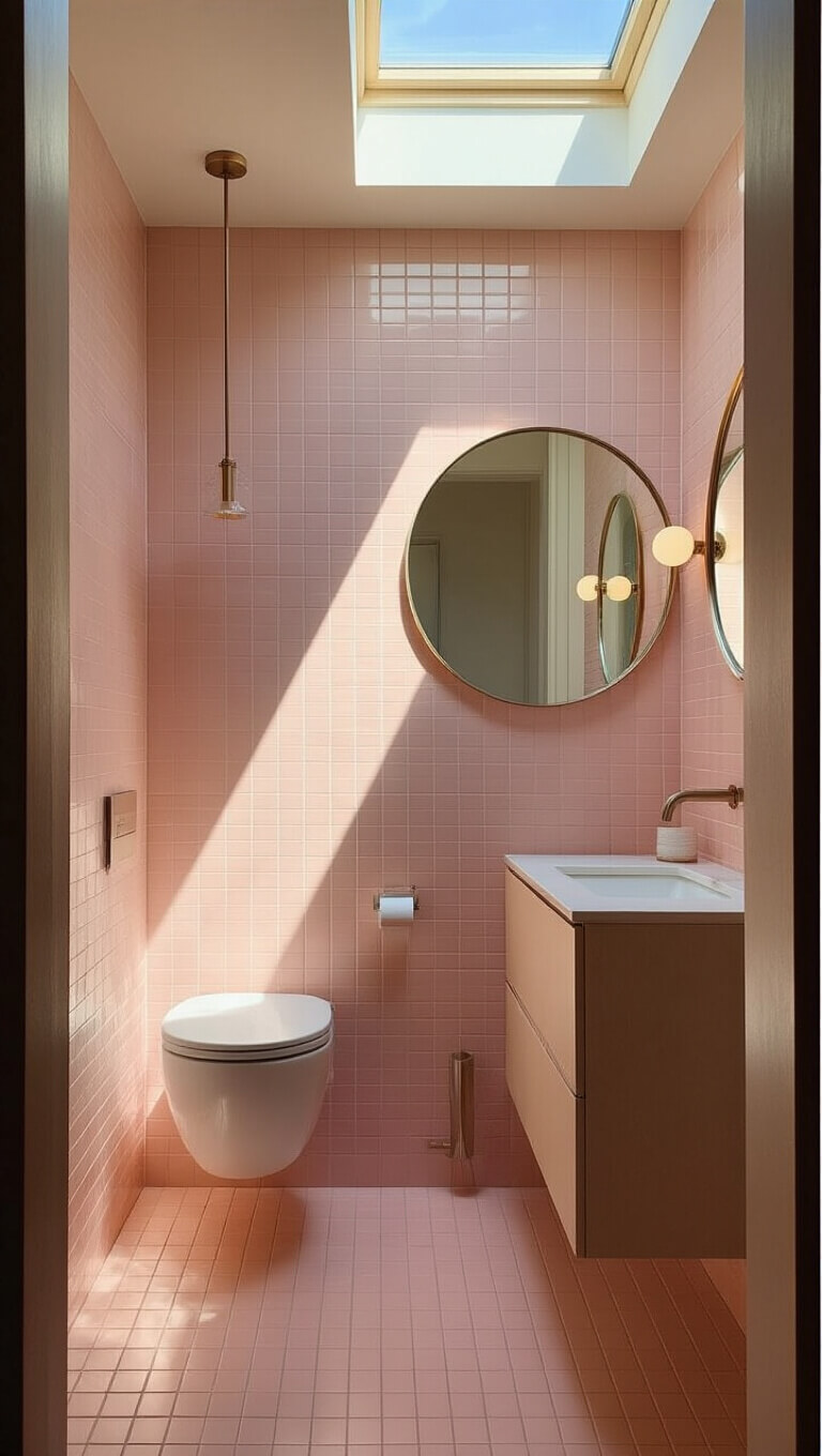 Eye-level view of a compact pink-tiled bathroom with warm skylight, wall-mounted toilet, slim brushed nickel vanity, and staggered round mirrors reflecting light.