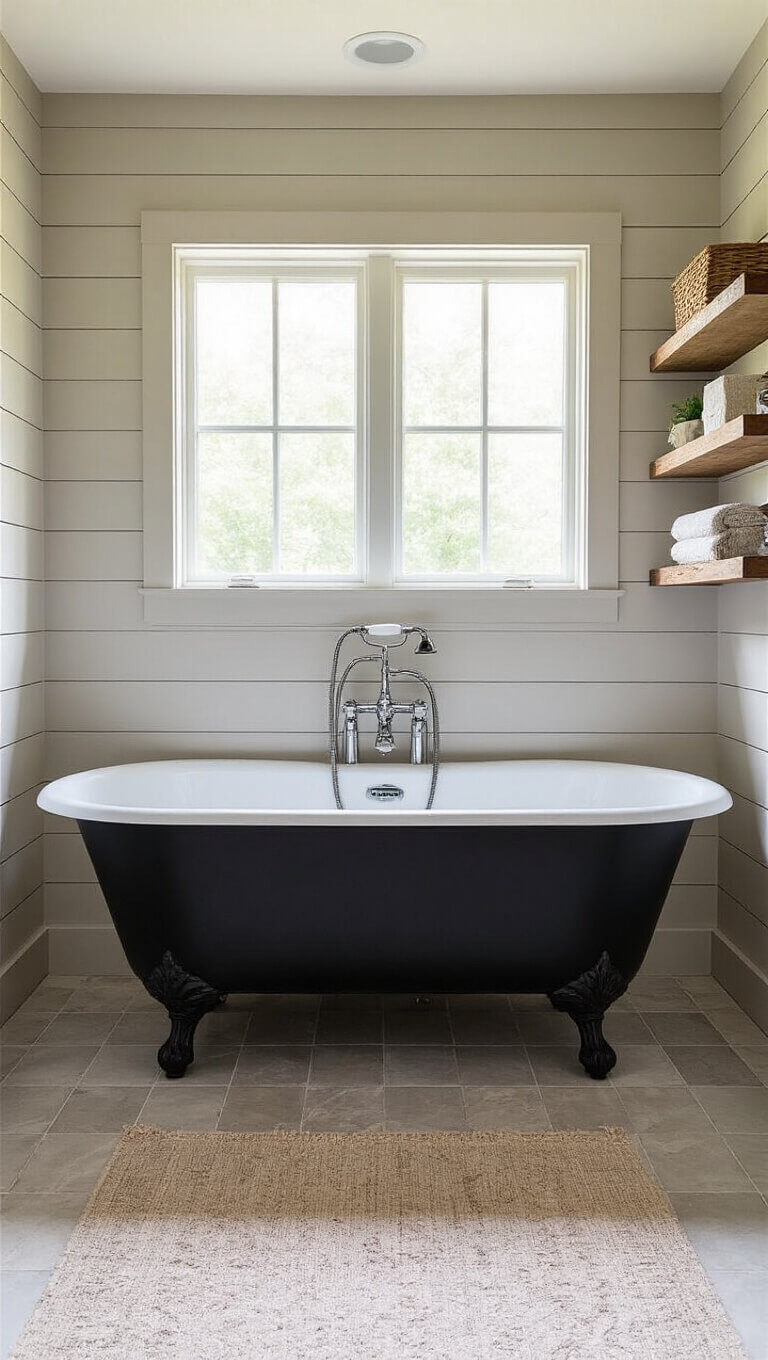 Wide view of a 5x8ft bathroom with greige shiplap walls, black clawfoot tub, reclaimed wood shelves, and natural light through privacy glass.