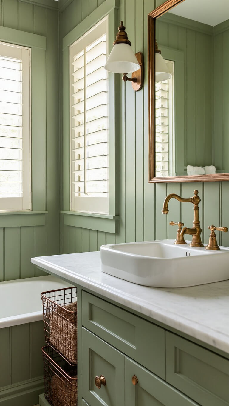 Sage green bathroom with pedestal sink, brass faucet, and copper wire baskets in soft afternoon light.