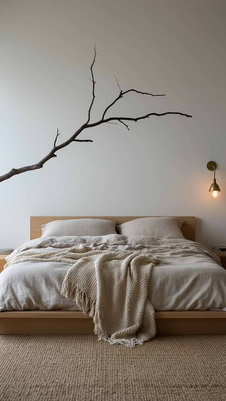 Minimalist 14x16ft bedroom at twilight with low platform bed in natural linen, dramatic branch overhead casting shadows, wool throw, and vintage brass sconce softly glowing.