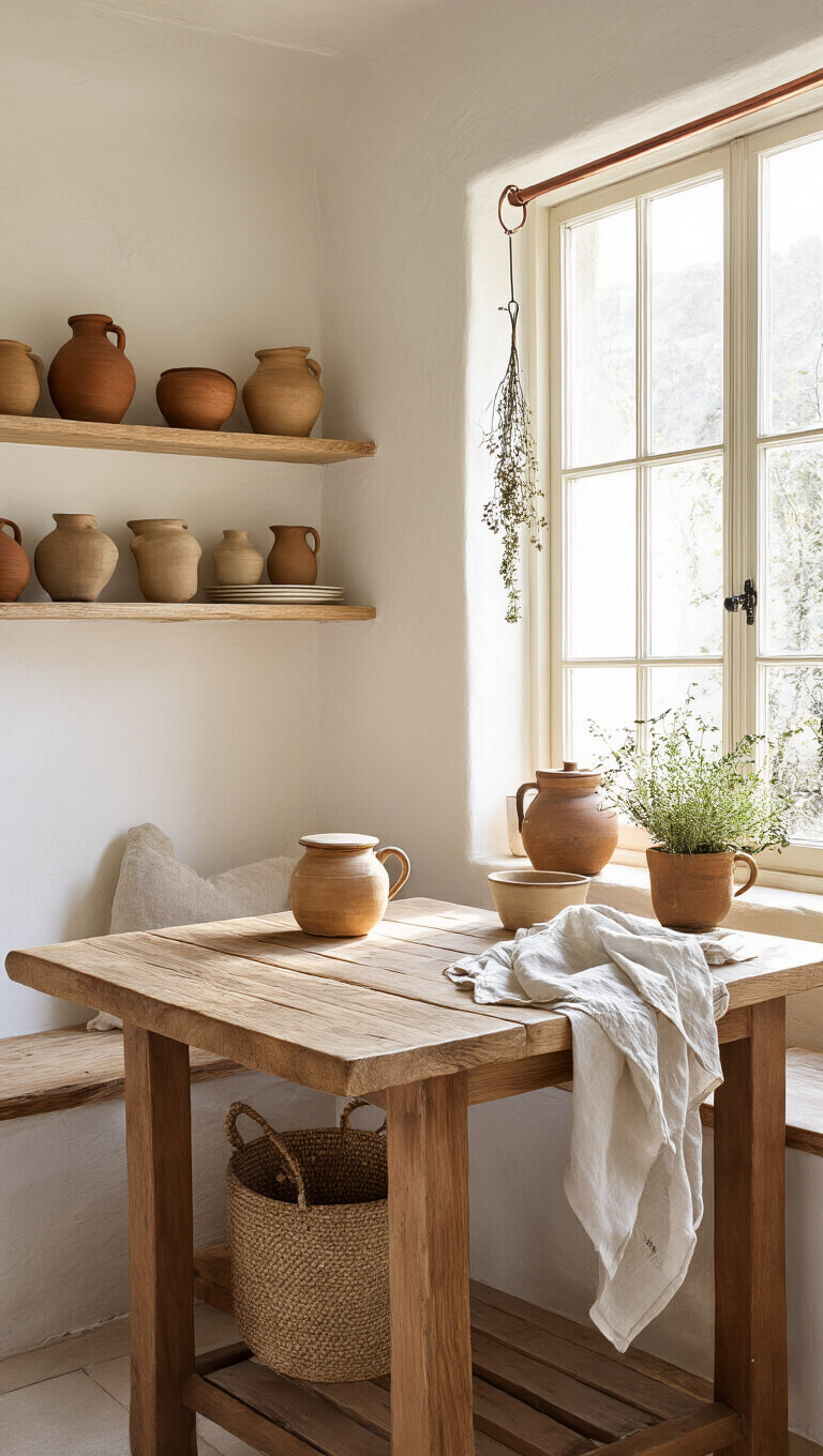 Sunlit kitchen nook with raw wood table, pottery on open shelves, linen towels, and dried herbs hanging against white plaster walls.