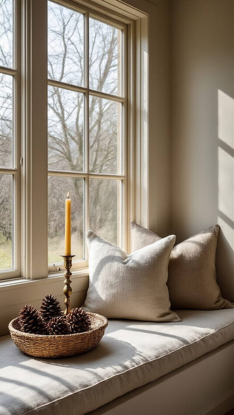 Window seat with neutral linen cushions, dried pine cones in a handwoven basket, brass candlestick with beeswax candle, and afternoon light casting dramatic branch shadows through large window.