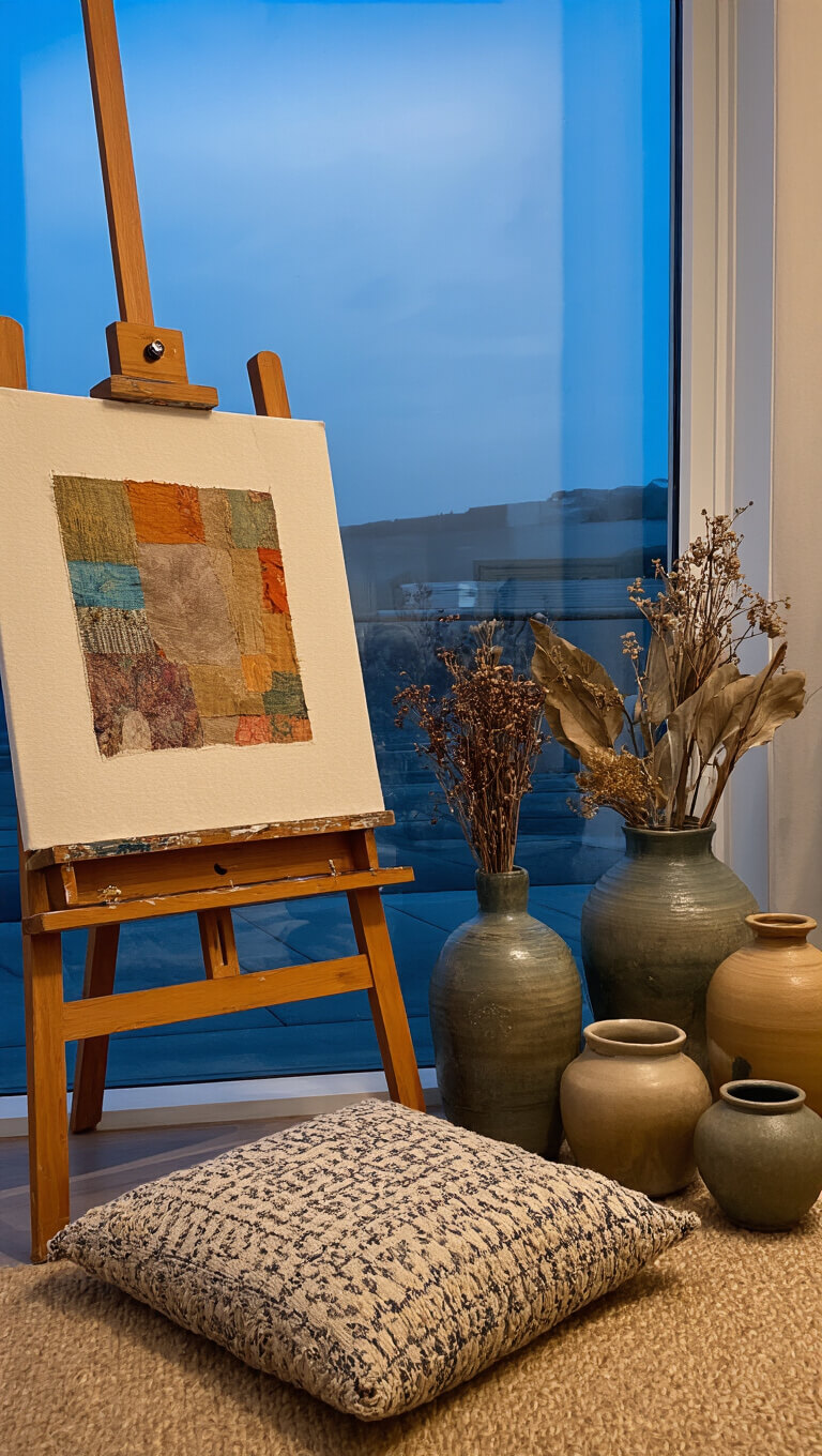 Twilight-lit studio corner with vintage easel holding abstract textile art, worn ceramic paint vessels, patterned floor cushion, and dried botanicals in a smoke-glazed vase.
