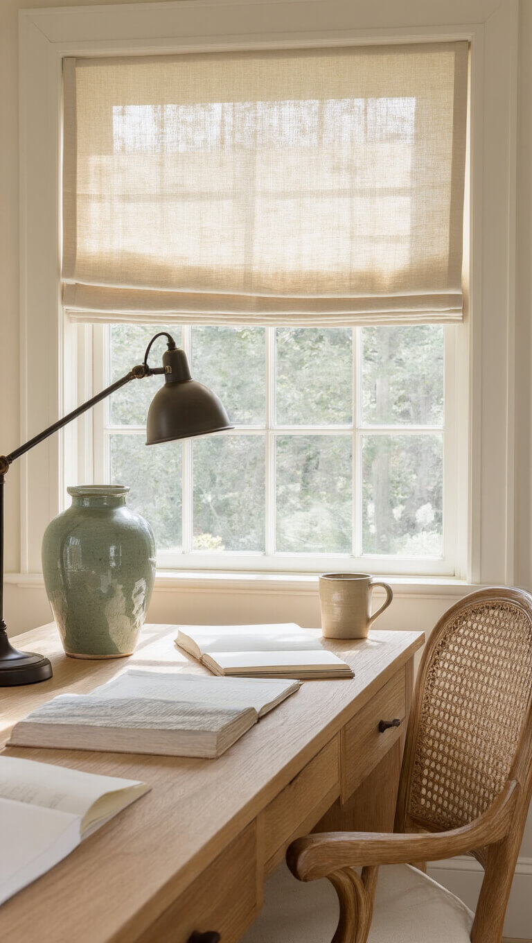 Minimal 14x16ft study with oak desk, plastered walls, vintage ceramic lamp, and linen roman shade in bright mid-morning light.