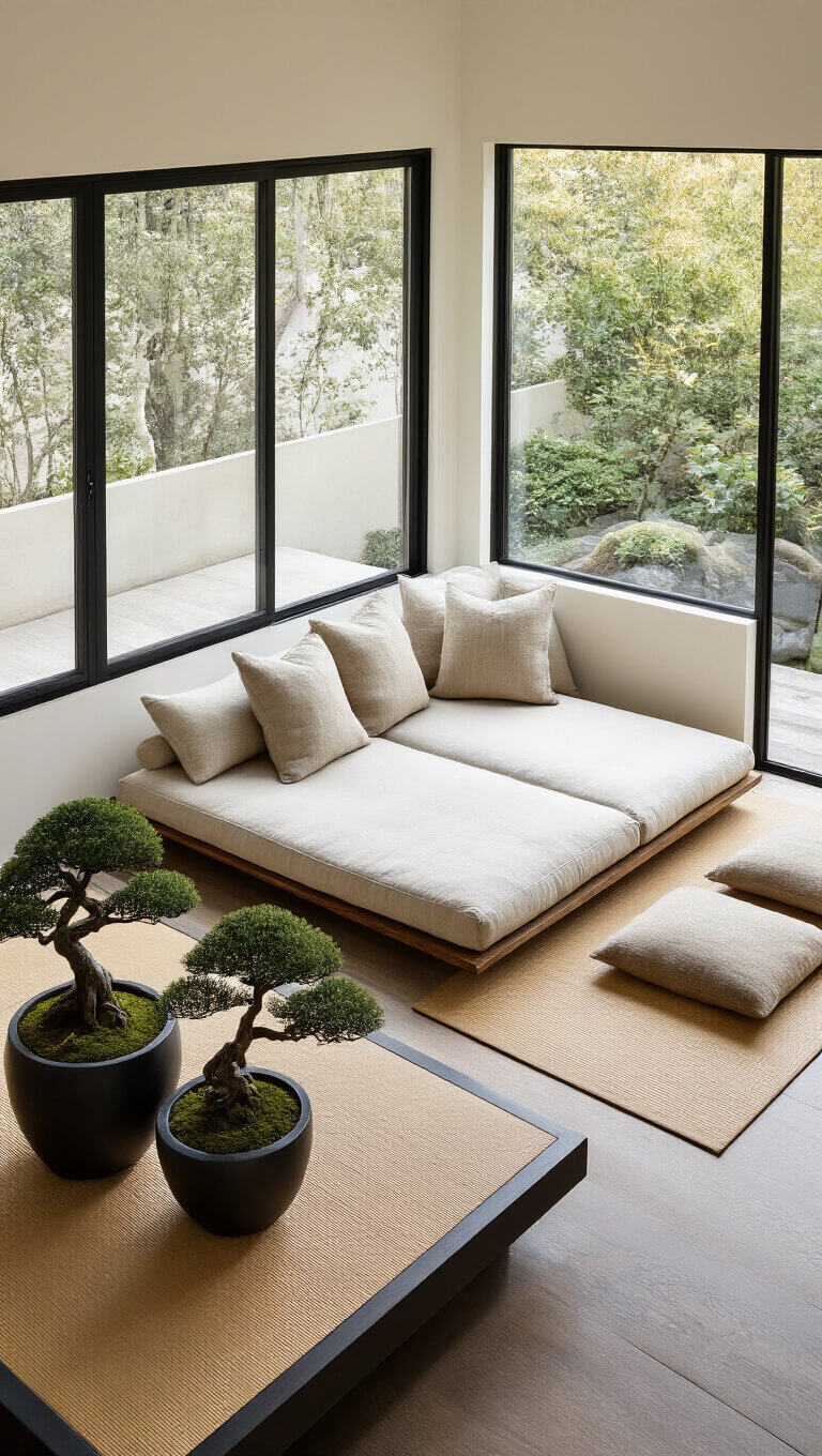 Bird's eye view of a Zen-inspired 15x17ft room with a linen daybed, tatami mats, bonsai in black steel planters, and floor-to-ceiling windows under bright noon light.