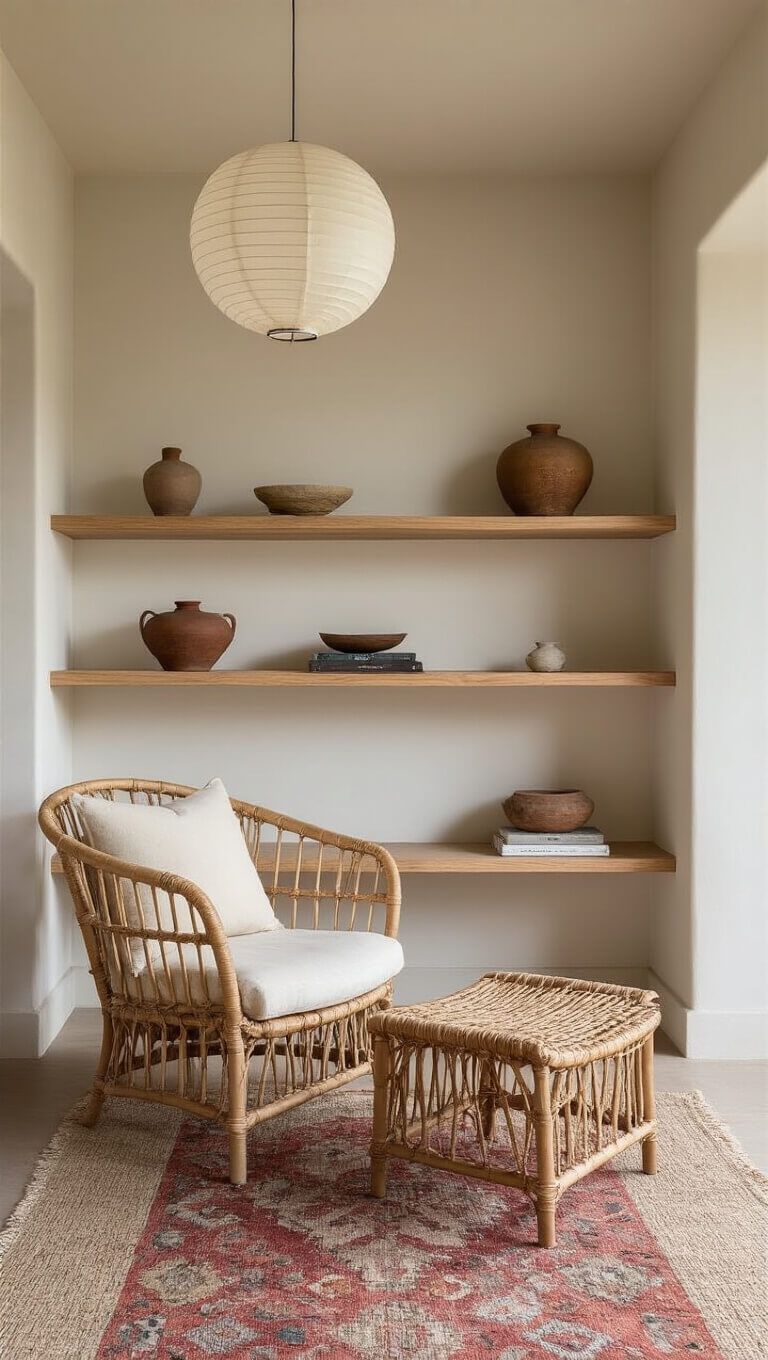 High-angle view of airy 15x18ft lounge at dawn with rattan chair, floating oak shelves, vintage kilim, and paper lantern in soft natural light.