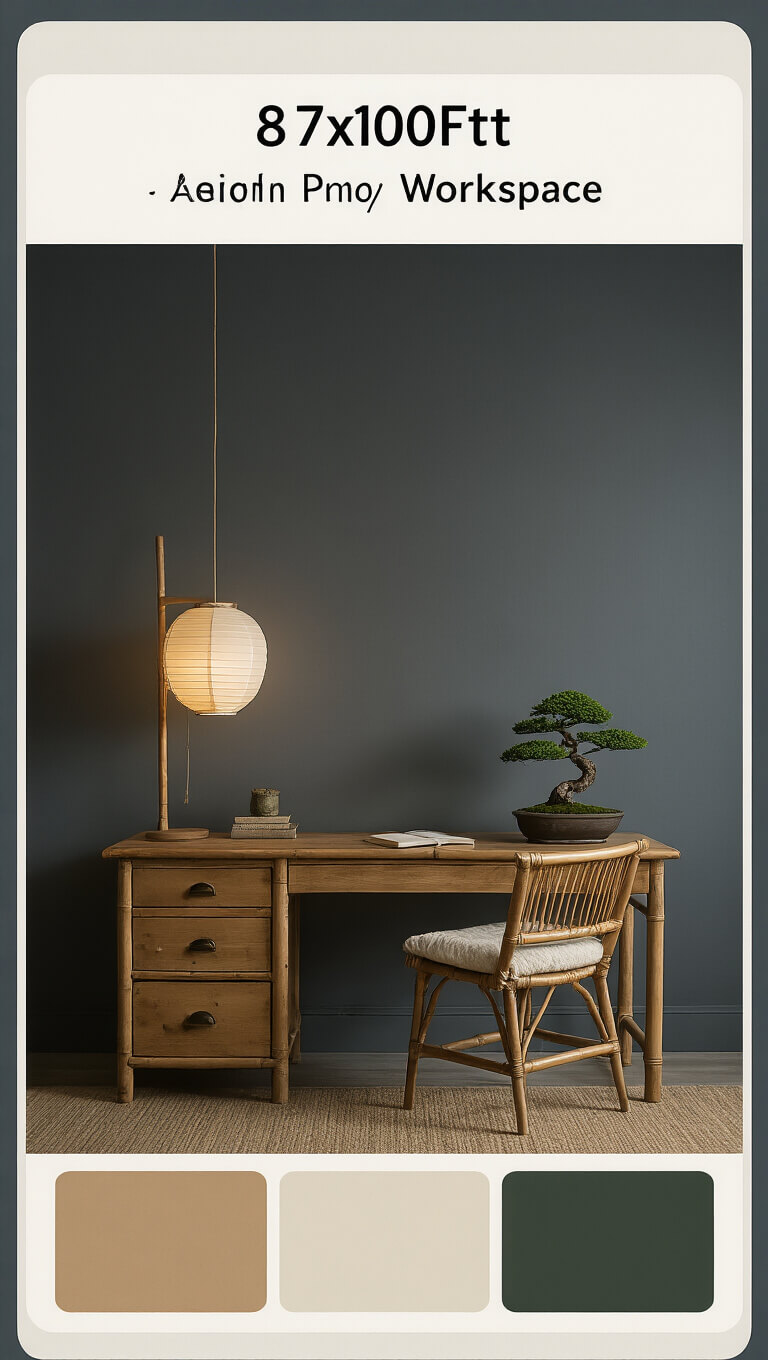 Minimalist twilight workspace with antique pine desk, charcoal gray accent wall, bonsai plant, and bamboo chair with cream cushion, softly lit by paper lantern lamp.