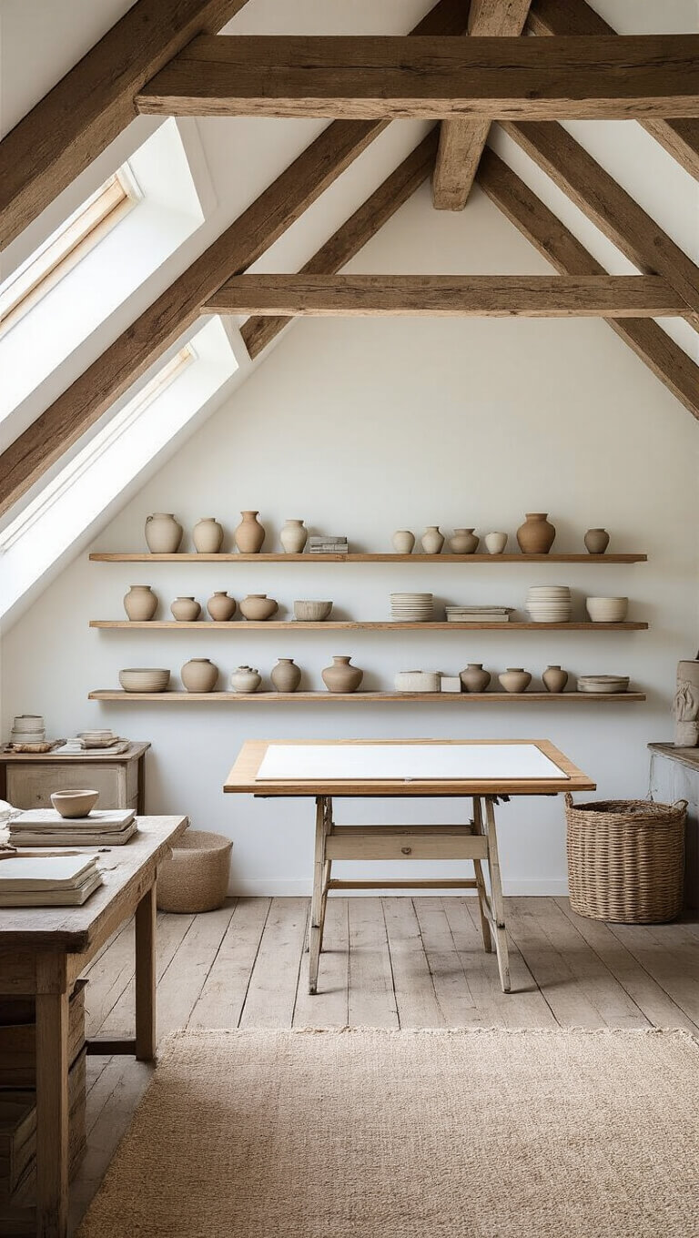Artist's attic studio with exposed rafters, skylight light illuminating ceramic pieces on wooden shelves, vintage drafting table centered, neutral palette of wood, white, and green tones.