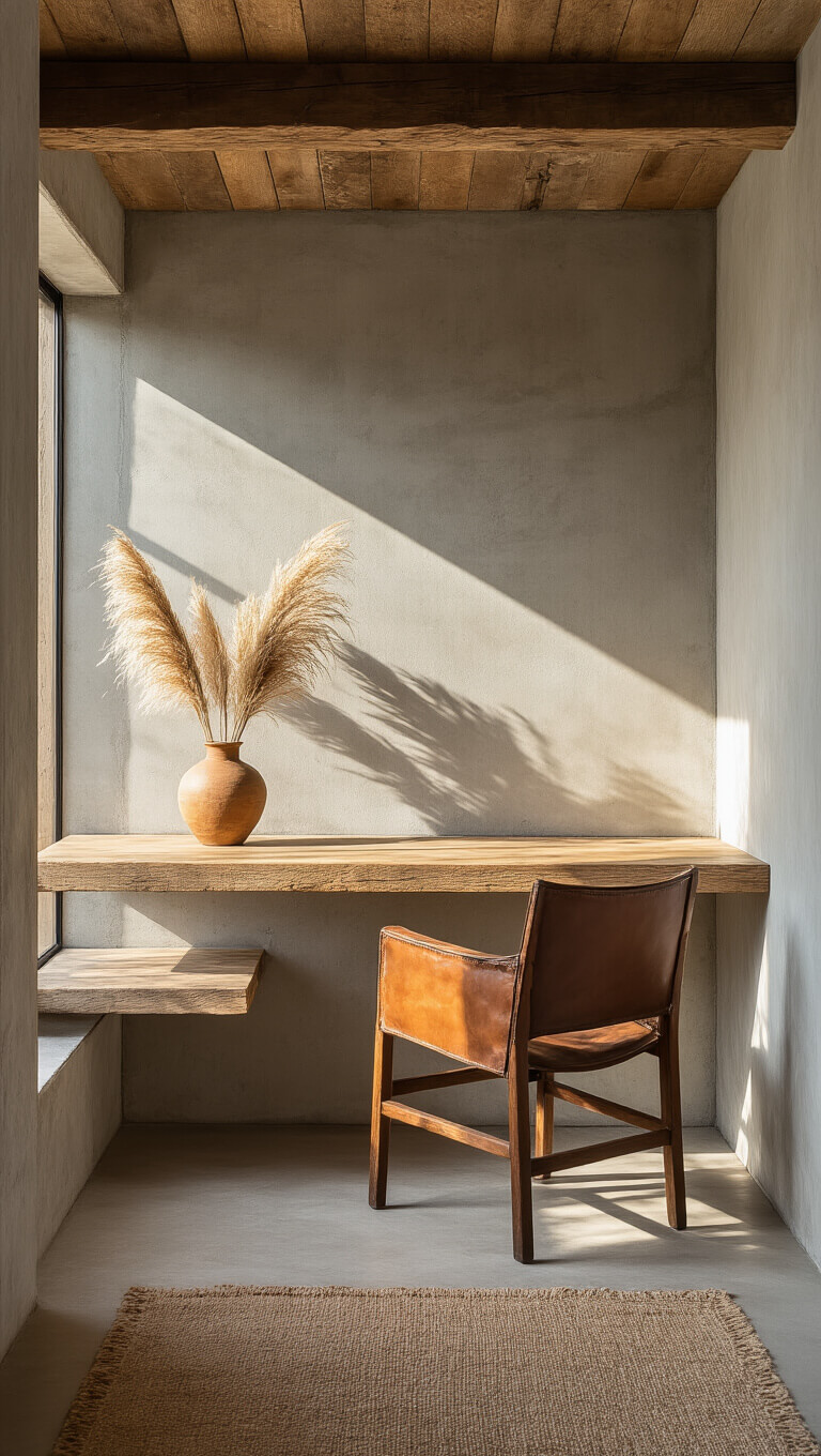 Low-angle view of a cozy corner study nook with a floating reclaimed pine desk, vintage leather chair, and raw concrete walls accented by exposed wooden beams, bathed in warm golden hour light.