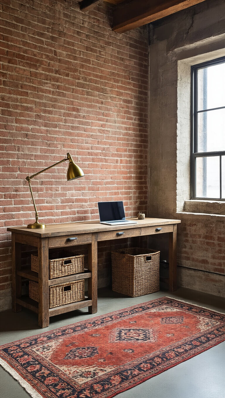 Modern-rustic home office nook with reclaimed wood desk, exposed brick wall, vintage Persian rug, brass lamp, and woven baskets on concrete floor.