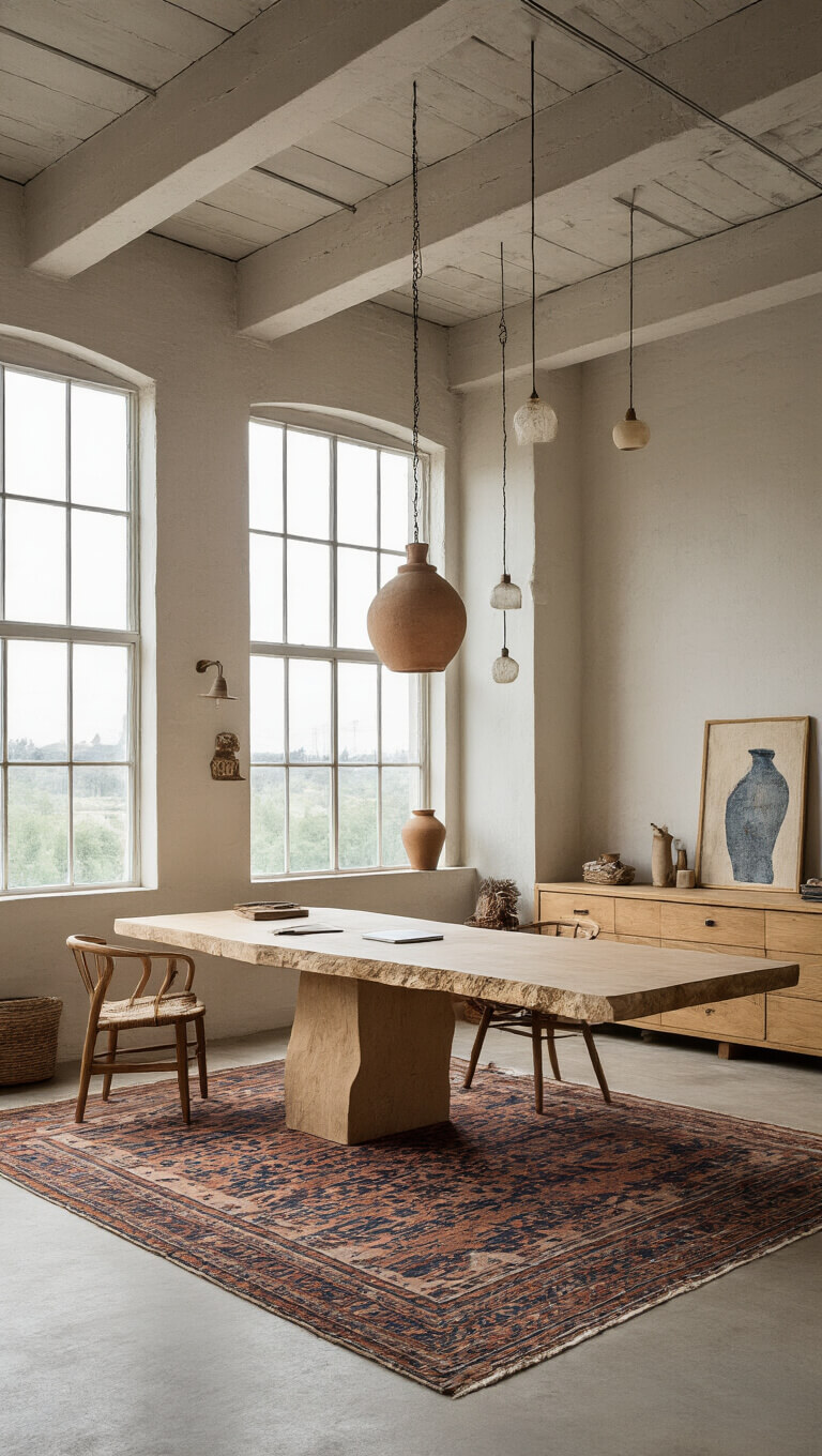 Minimalist 14x16ft creative studio with high ceilings, raw edge slab desk, ceramic pendant lights, vintage kilim rug, and soft natural lighting from north-facing windows.