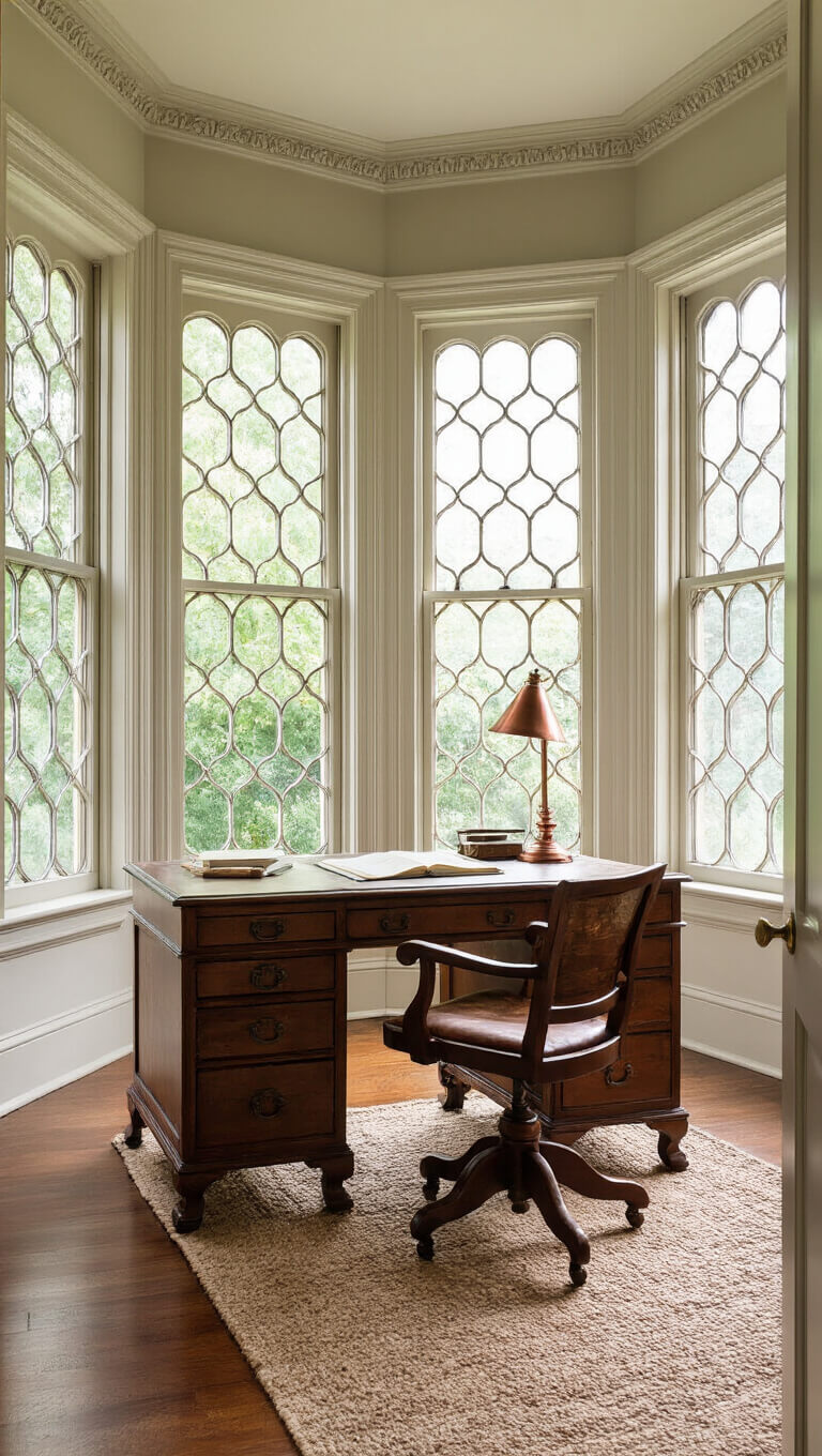 Victorian-style 12x14ft study with bay window, antique partners desk, hand-knotted rug, and copper accents.