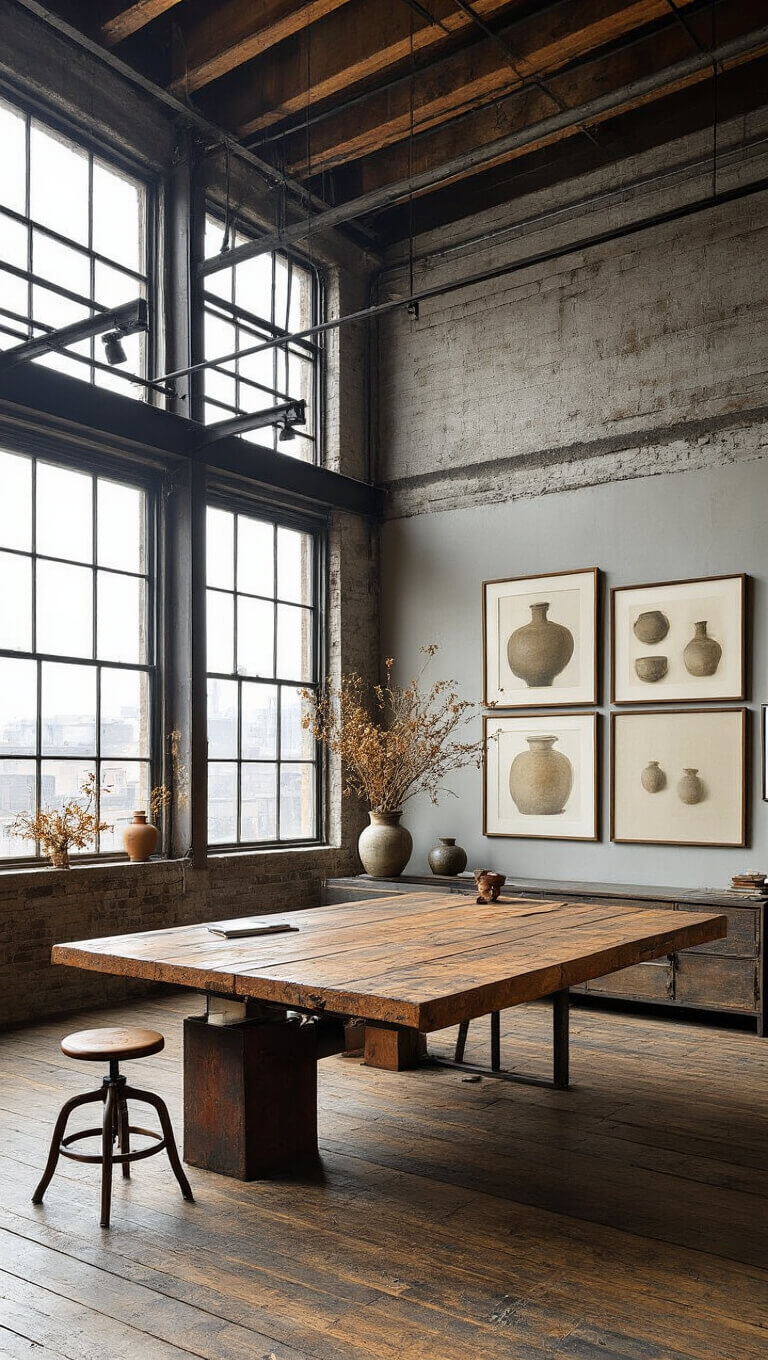 Artist's loft office with 16ft ceilings, original steel beams, reclaimed wood work table, ceramic and botanical gallery wall, vintage stool, and dramatic side lighting.