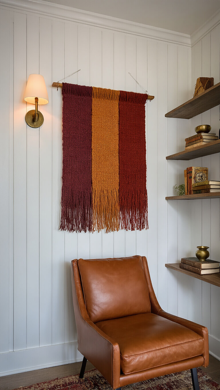 Cozy reading nook with cognac leather chair, autumn-toned woven wall hangings on white shiplap, brass-accented shelves filled with vintage books, and soft wall lighting.