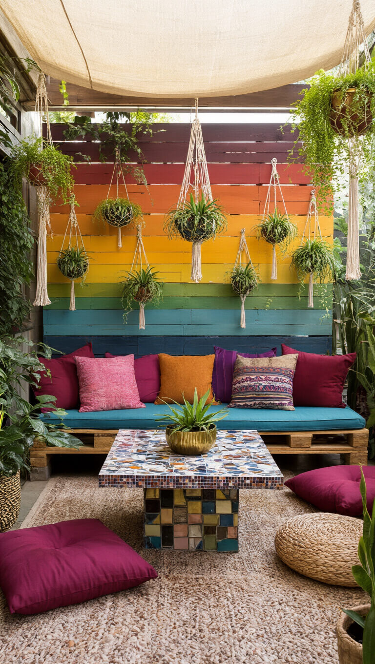 Bohemian patio with sunset-toned pallet wall, hanging air plants in brass holders, jewel-toned floor cushions around a mosaic table, and macramé planters with trailing vines under soft canvas-filtered light.