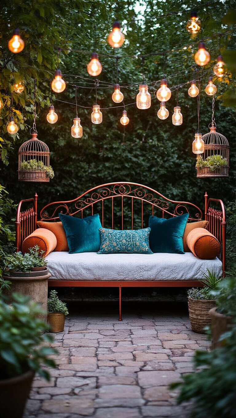 Enchanted garden patio at dusk with copper daybed, peacock velvet pillows, mason jar string lights, and succulent-filled vintage birdcages.