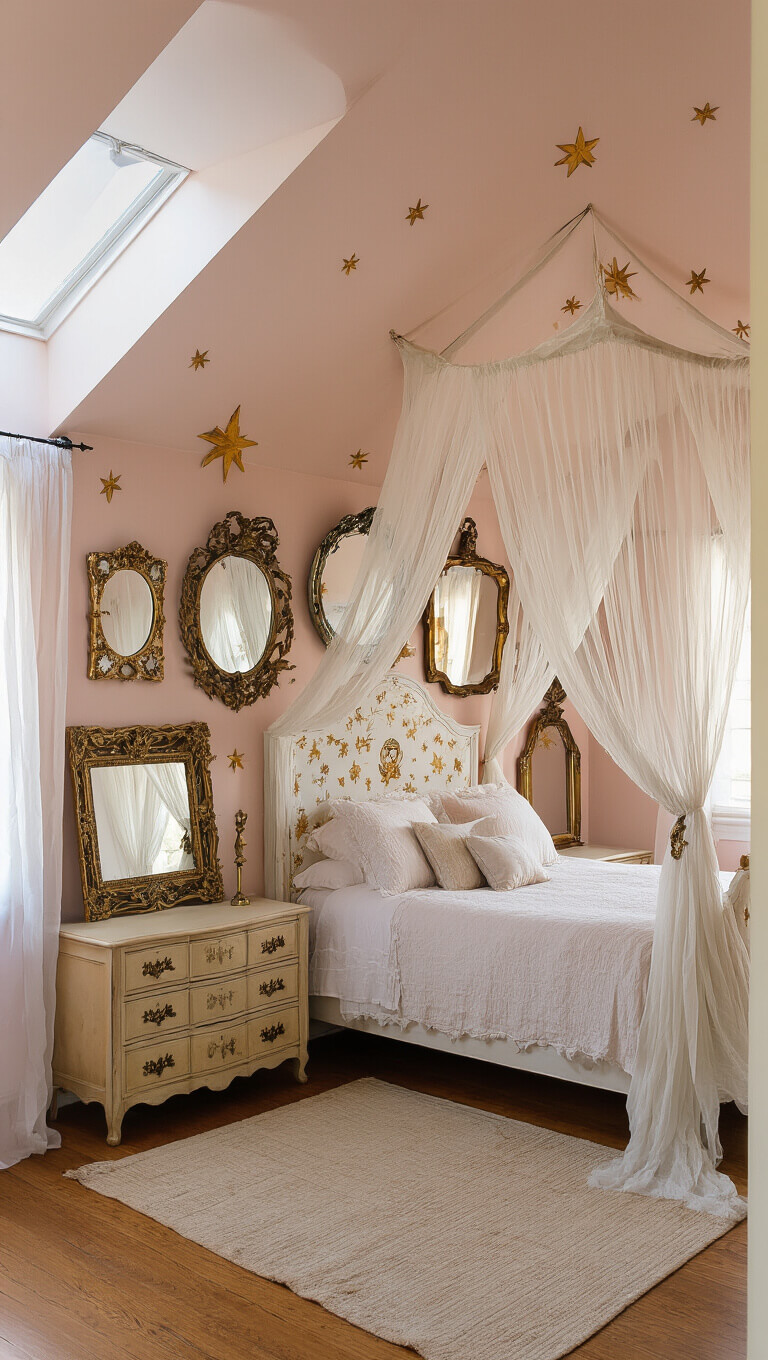 Cozy blush pink bedroom with pitched ceiling, tulle canopy bed, vintage fairy tale mirrors, and antique dresser with dragon-shaped drawer handles.