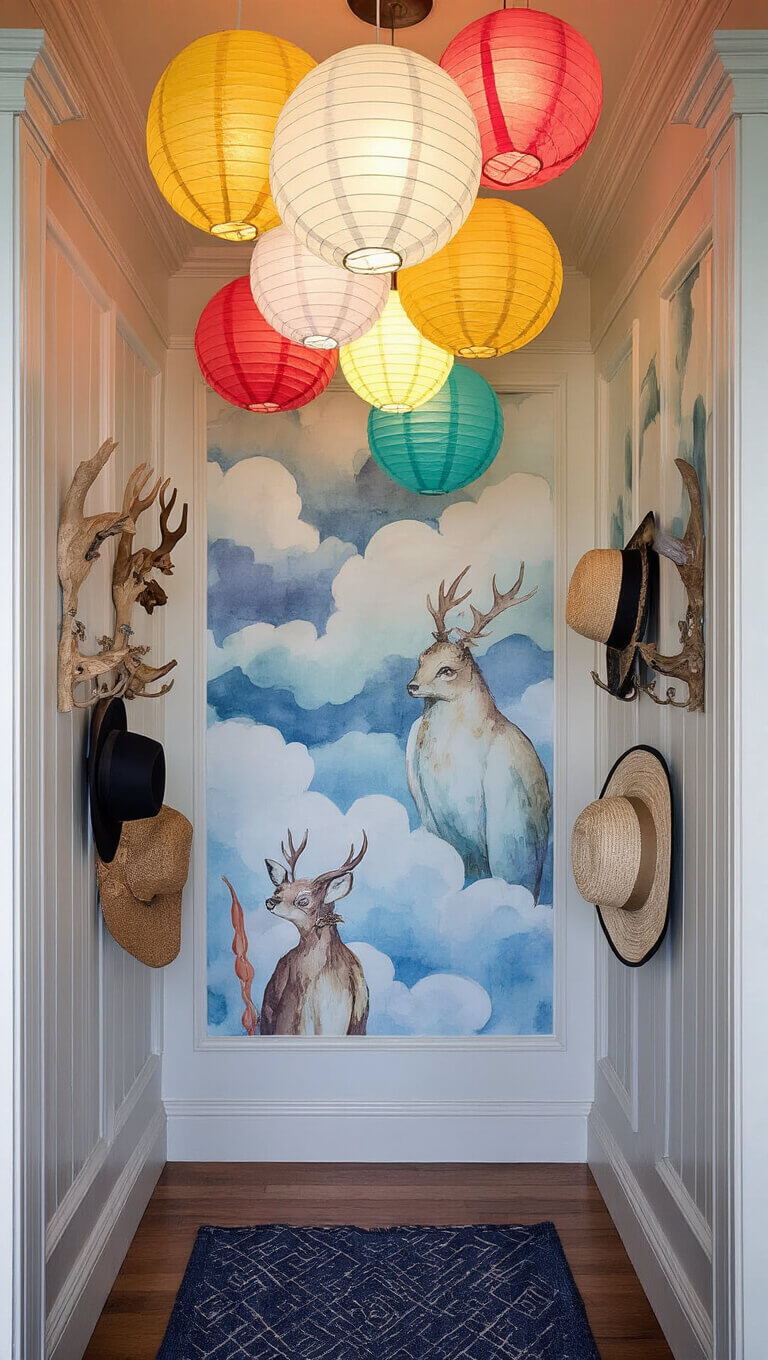 Victorian-inspired entryway with soft dusk lighting, paper lanterns, hand-painted woodland mural, and vintage mythical hat hooks.