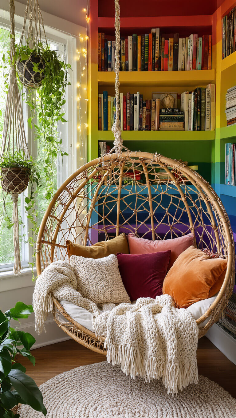 Inviting reading nook with rainbow bookshelves, hanging rattan chair with pillows and throws, fairy lights, and lush hanging plants.