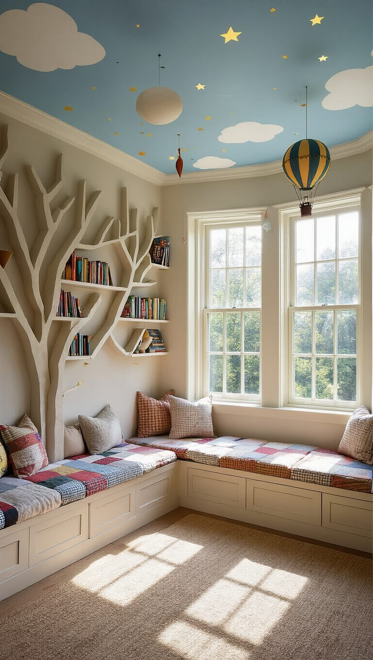 Playroom with cloud ceiling, hanging stars and moons, tree-branch bookshelves, window seat with patchwork cushions, and vintage hot air balloons.