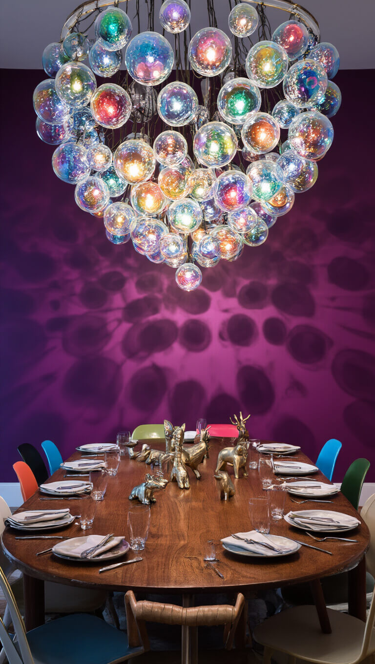 Modern dining room with mid-century table, mismatched jewel-toned chairs, metallic animal centerpieces, and colorful glass bubble chandelier.