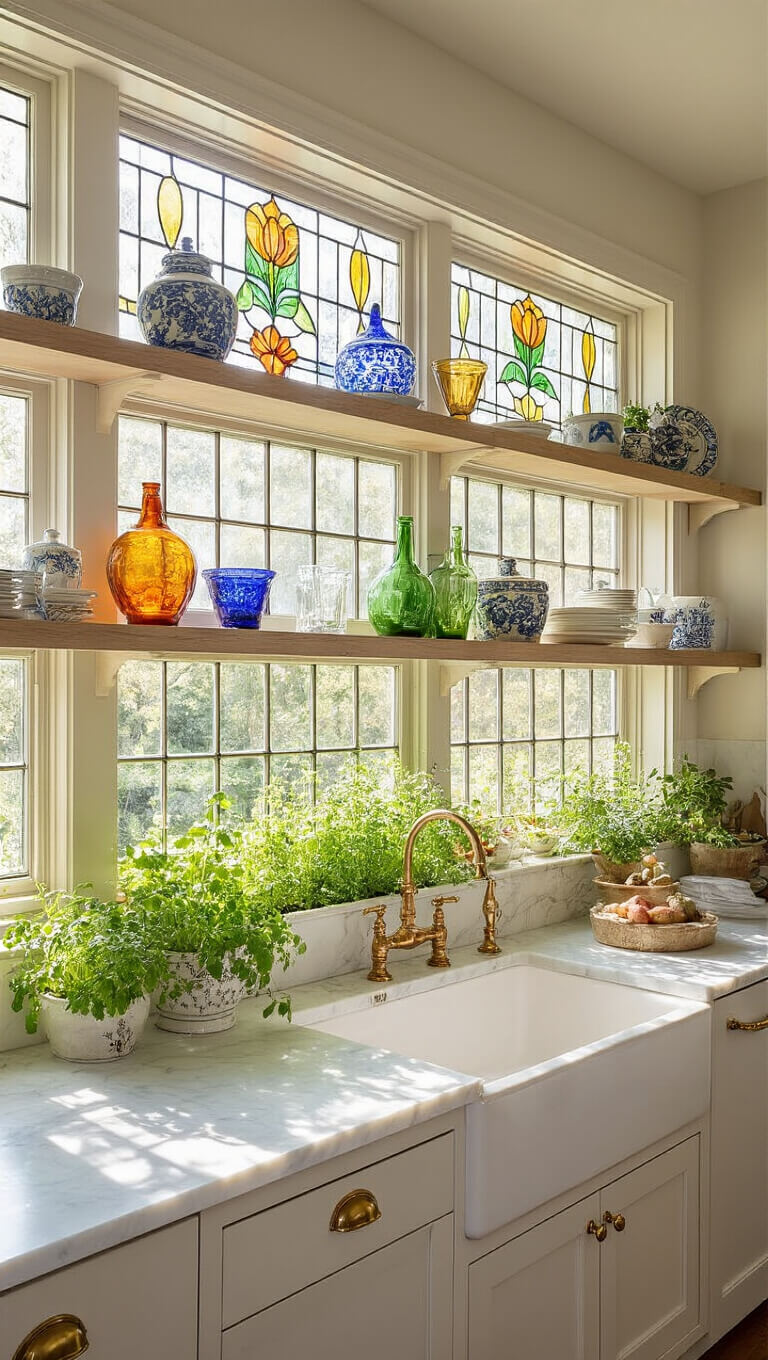 Sunlit garden-inspired kitchen with open shelves displaying colorful glassware, stained glass window, white marble counters, and vintage brass hardware.