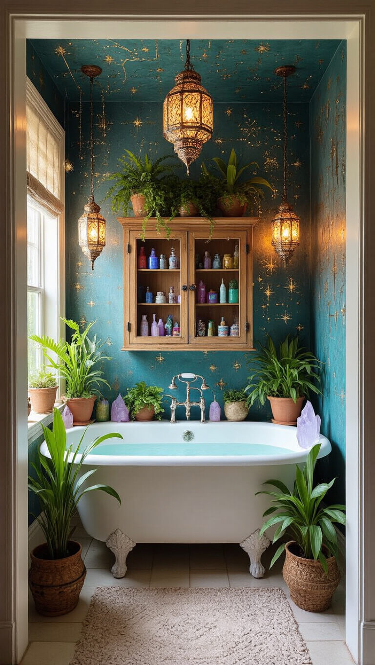 Dreamy bathroom with clawfoot tub, lush greenery, crystal accents, Moroccan lanterns casting patterns on constellation walls, and vintage apothecary cabinet.