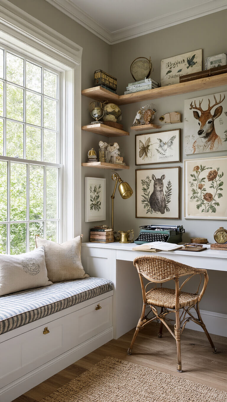 Cozy home office with window seat, floating shelves filled with curiosities, vintage typewriter, and gallery wall featuring botanical and animal art.
