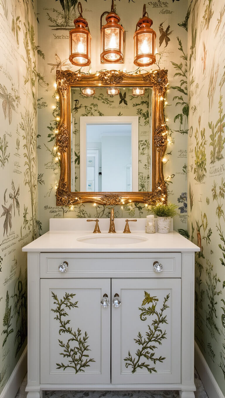 Whimsical powder room with botanical wallpaper, hidden fairy accents, ornate gold mirror with twinkle lights, vine-painted sink cabinet, and warm copper lanterns.