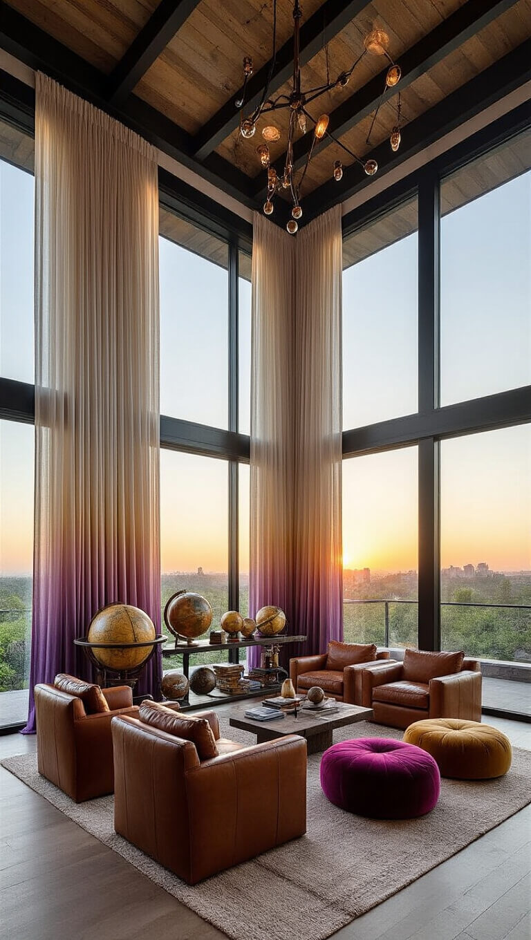 Spacious great room with floor-to-ceiling windows, ombré silk curtains, oversized leather chairs, jewel-toned velvet poufs, and vintage astronomical instruments on industrial shelves.