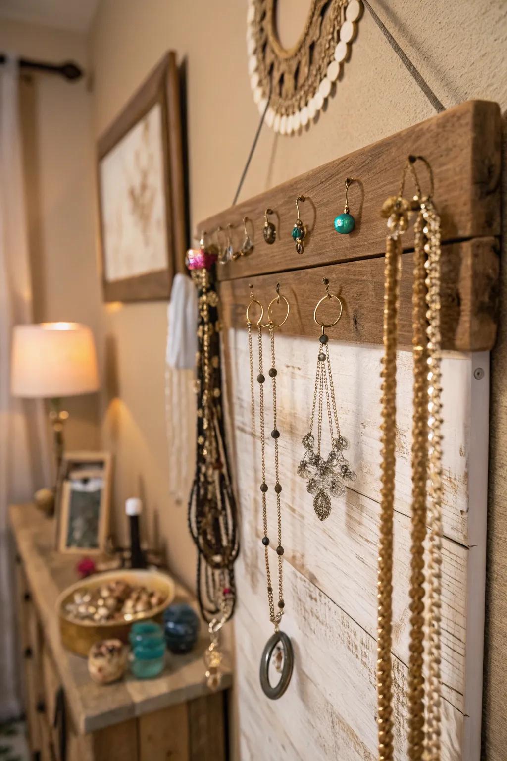 Rustic wooden board showcasing jewelry
