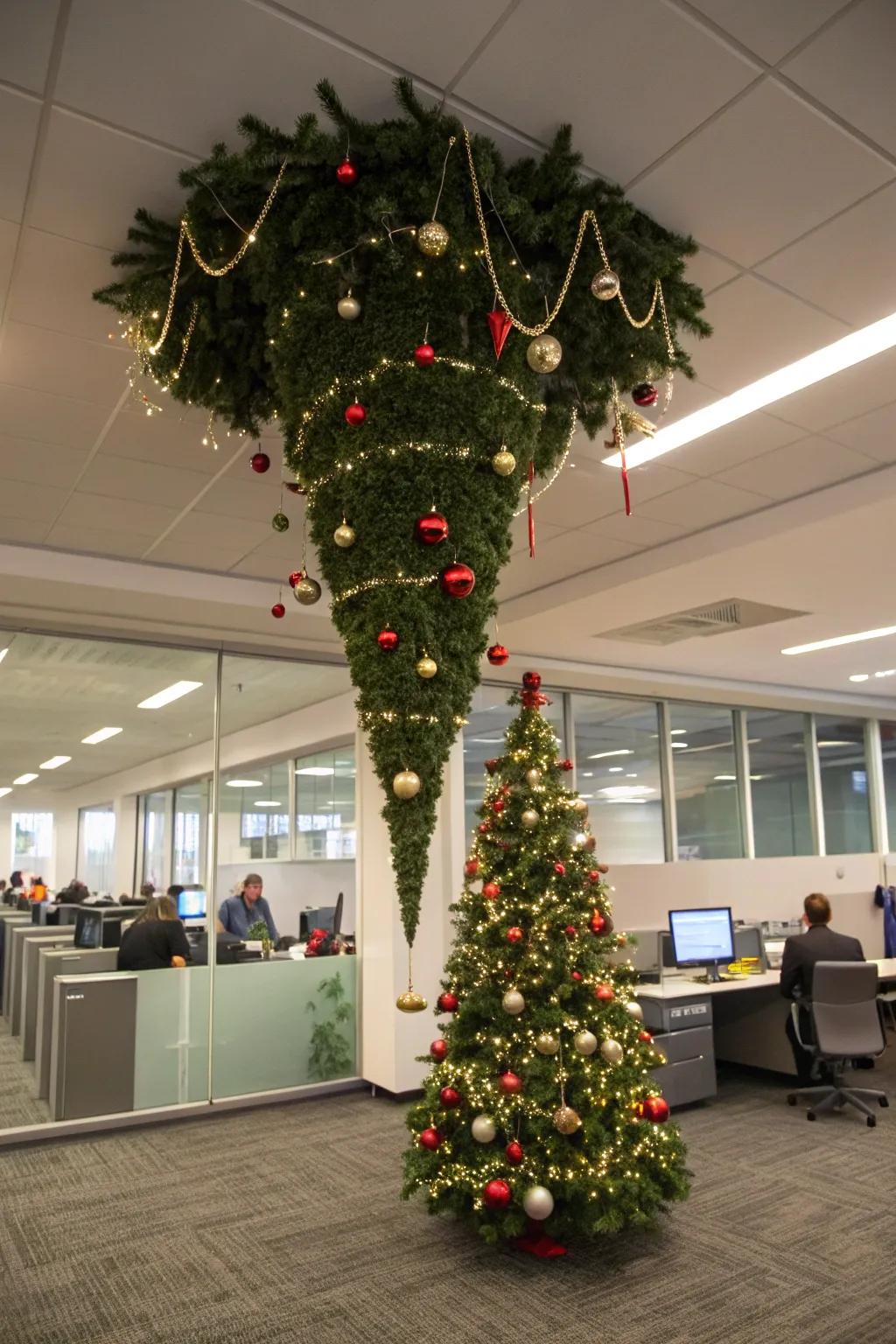 An inverted Christmas tree brings a fresh look to office holiday decor.