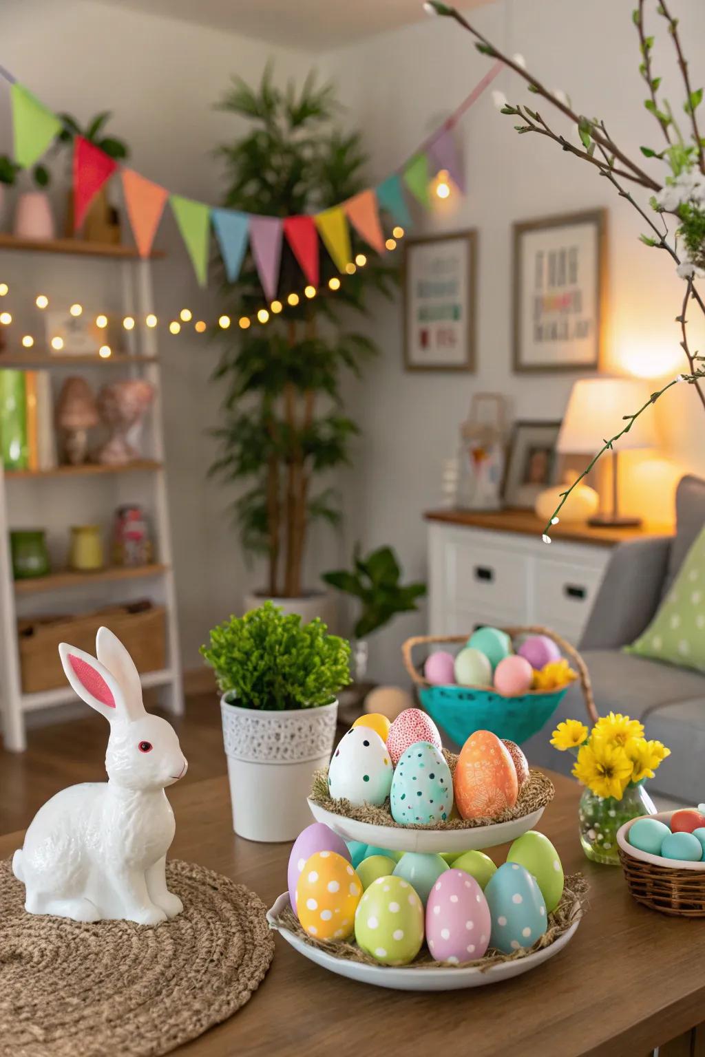 Easter-themed decorations bring a joyful spring atmosphere.