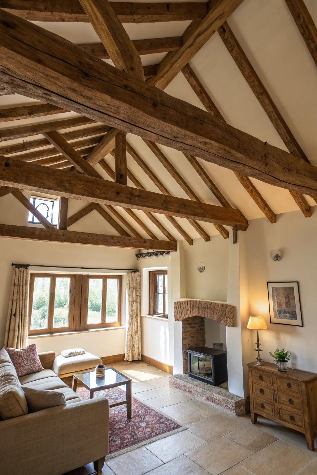 Rustic exposed ceiling beams enhancing colonial-style interiors.