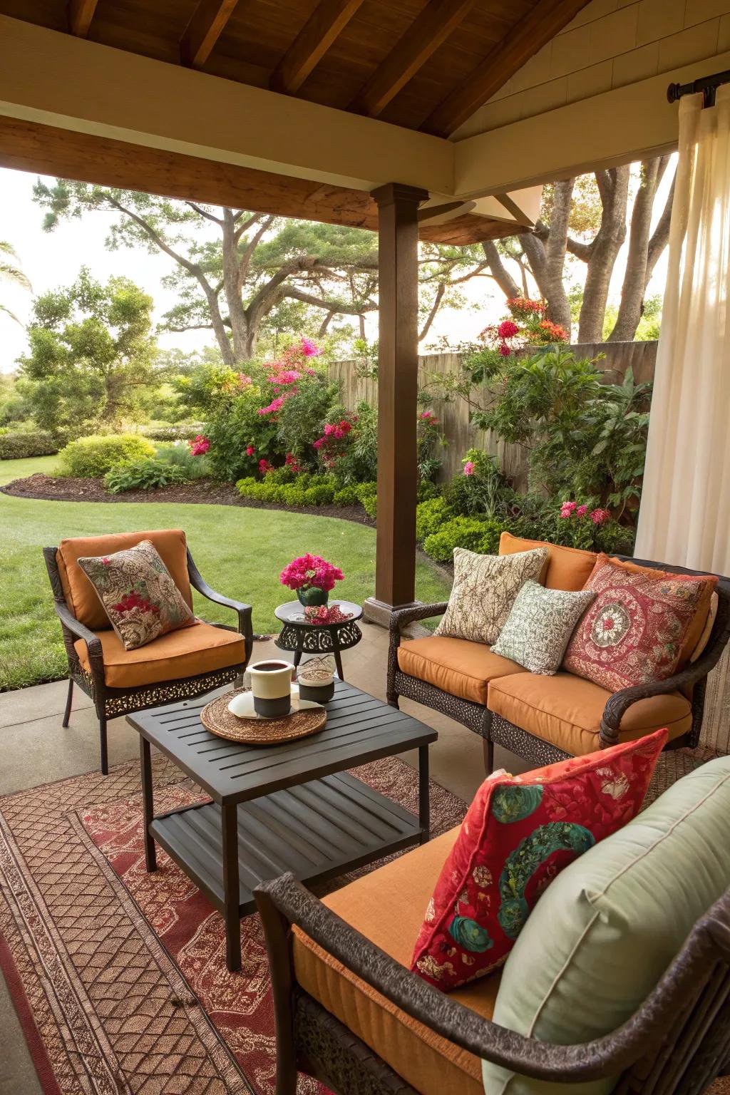 Backyard lanai with a snug corner seating area adorned with colorful cushions.
