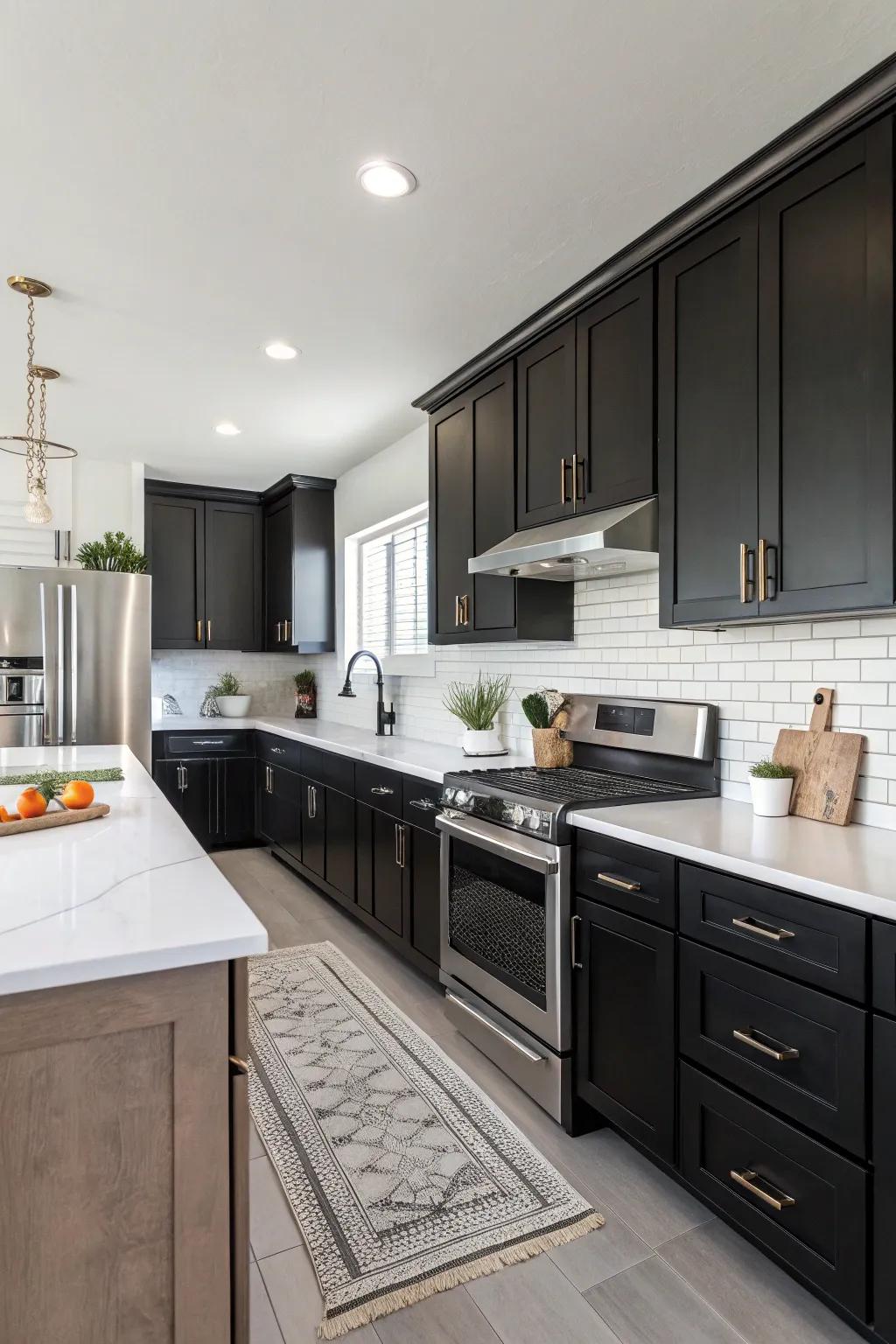 Contemporary kitchen featuring dark cabinets paired with bright white walls and countertops.