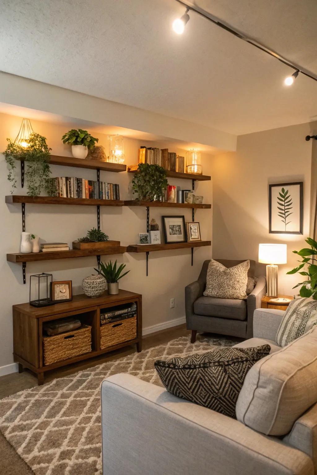 Stylish floating shelves for added storage and decor