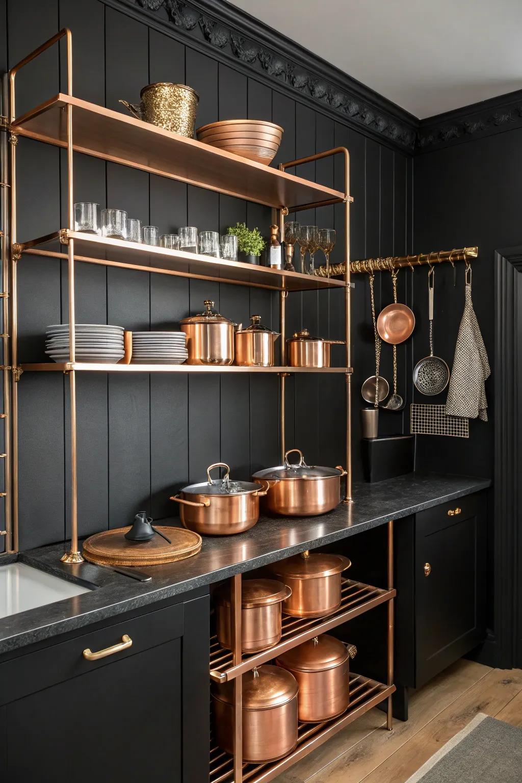 Copper shelves bring both style and practicality to contemporary kitchens.