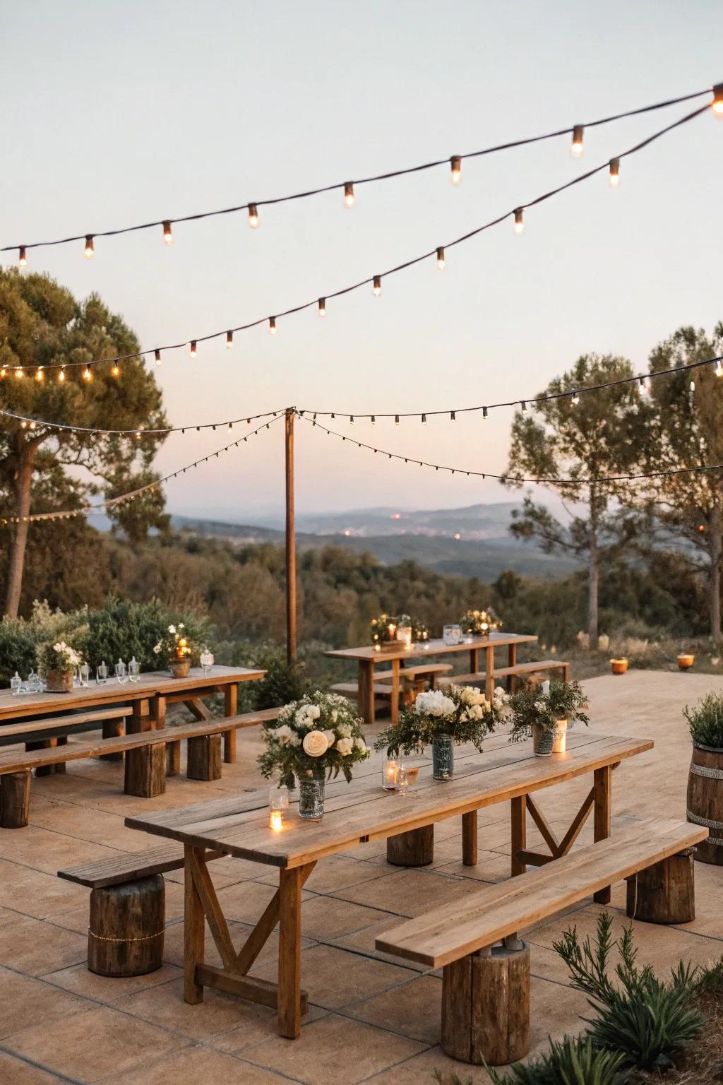 Rustic wedding theme featuring natural wood and gentle lighting.