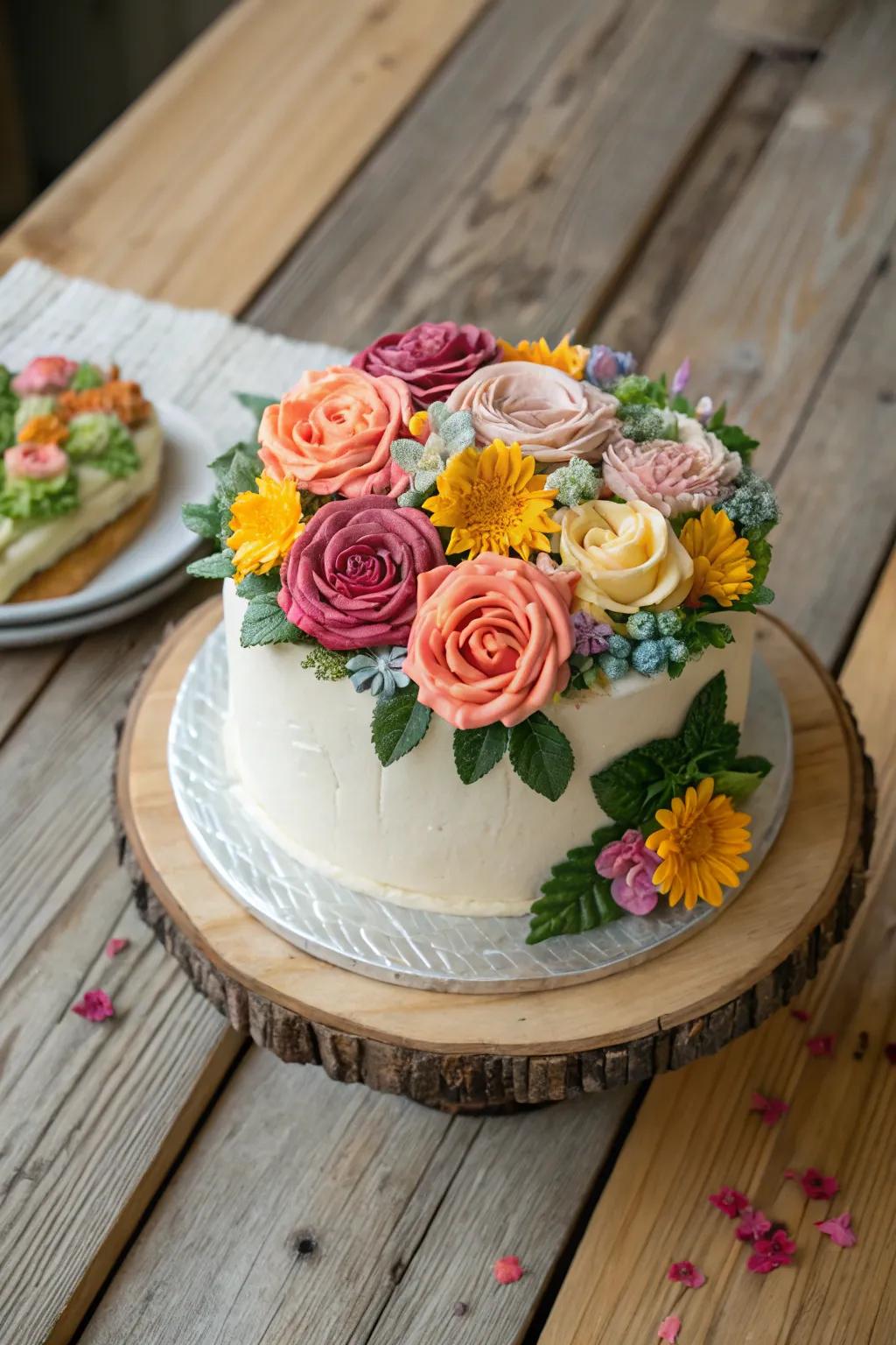 Cake adorned with vibrant buttercream flowers resembling a garden