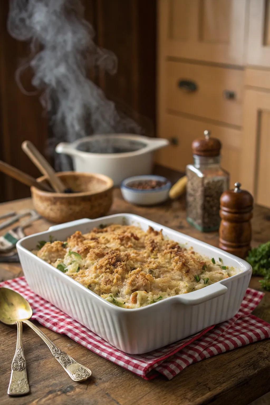 Creamy turkey casserole with golden breadcrumb topping
