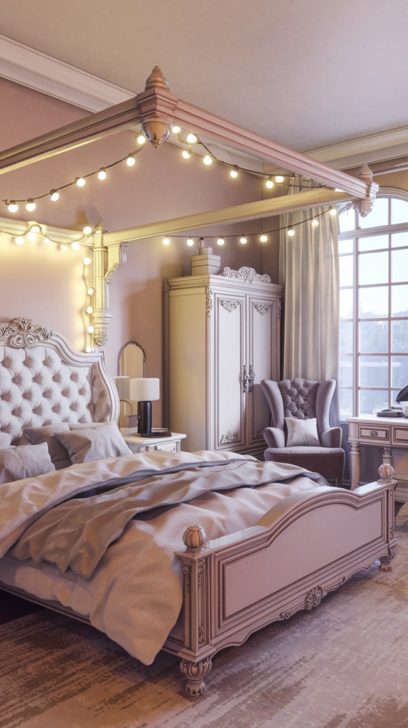 Canopy bed with fairy lights