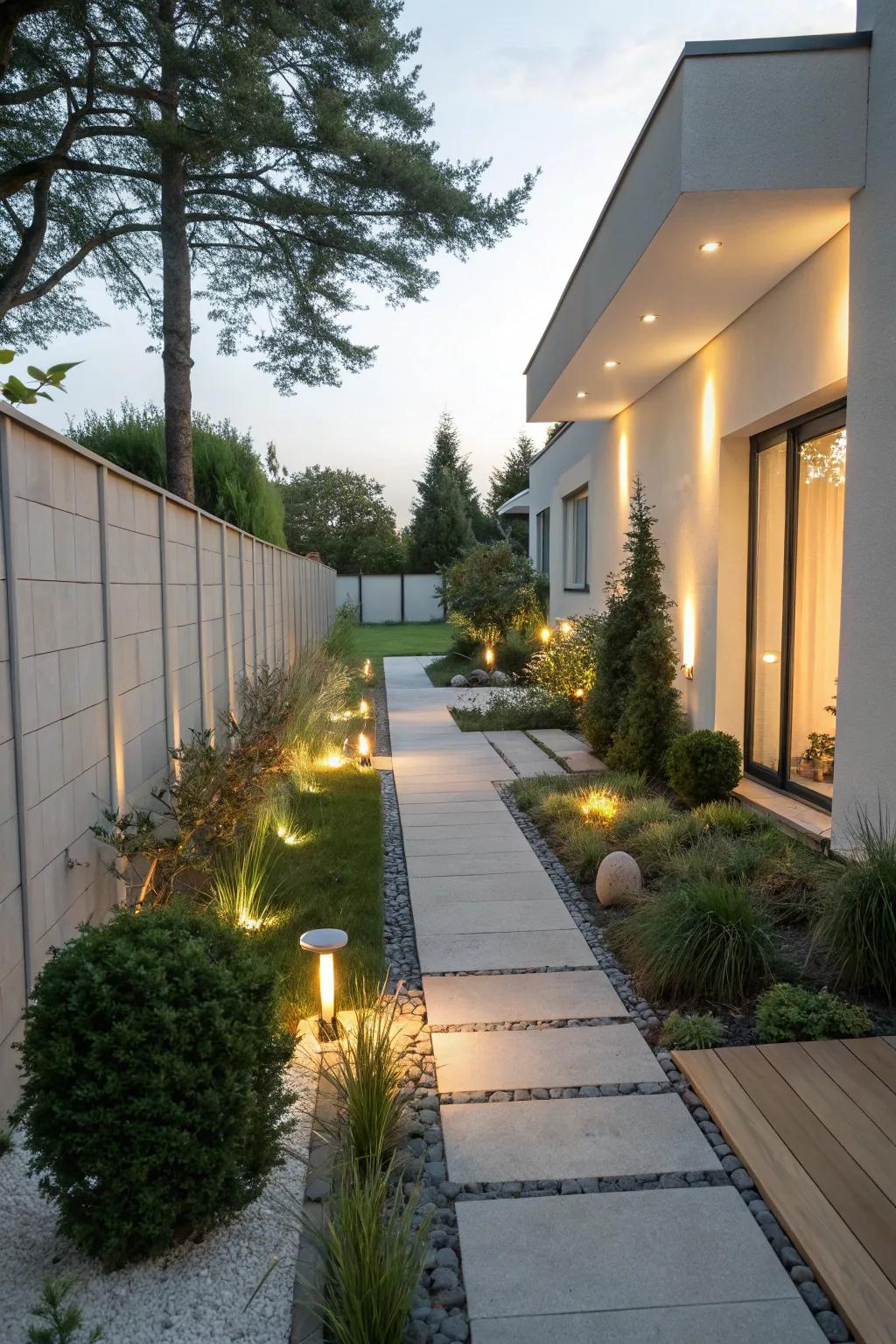 Soft lighting creating a cozy atmosphere in a side yard