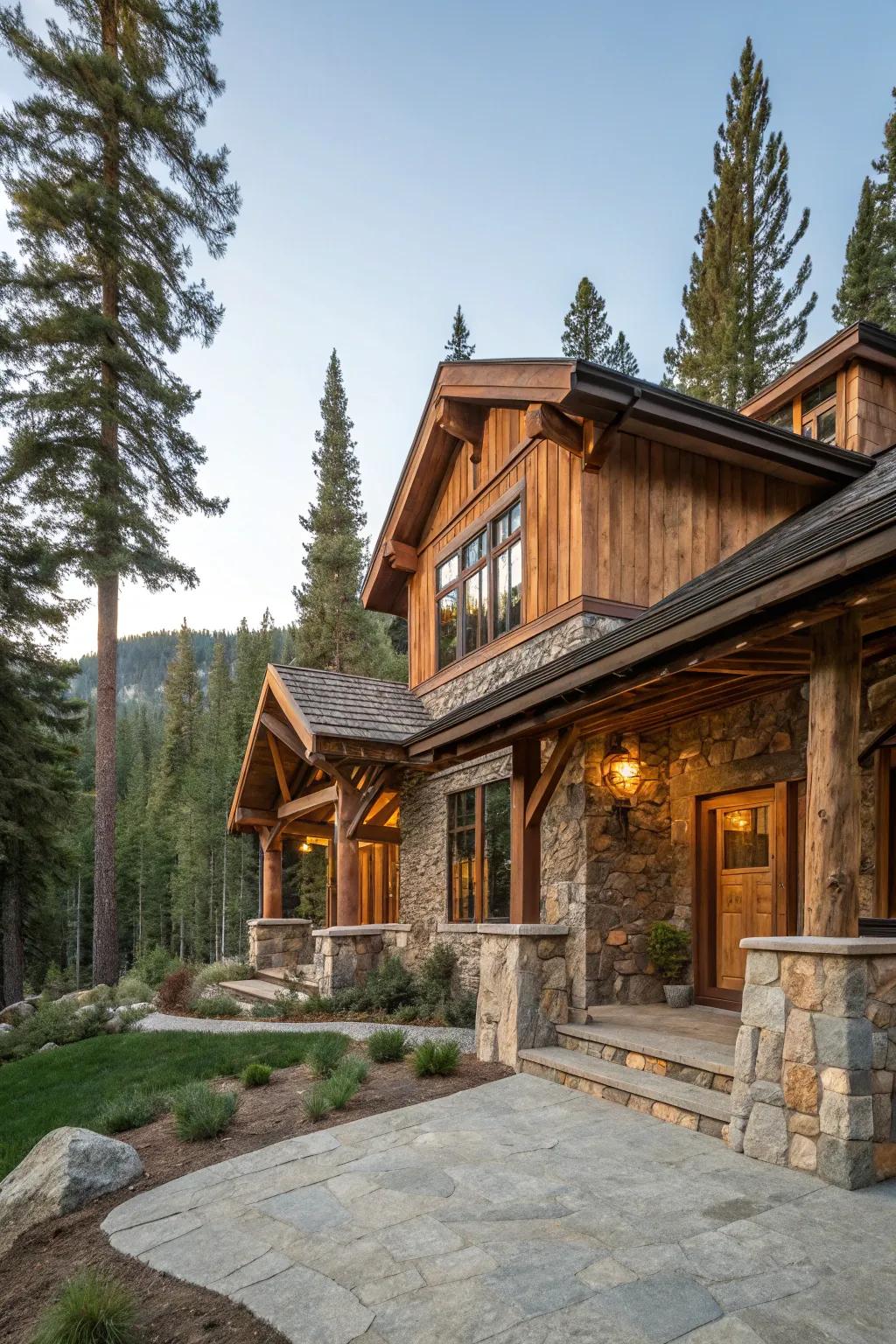 Rustic appeal with organic materials in a mountain environment.