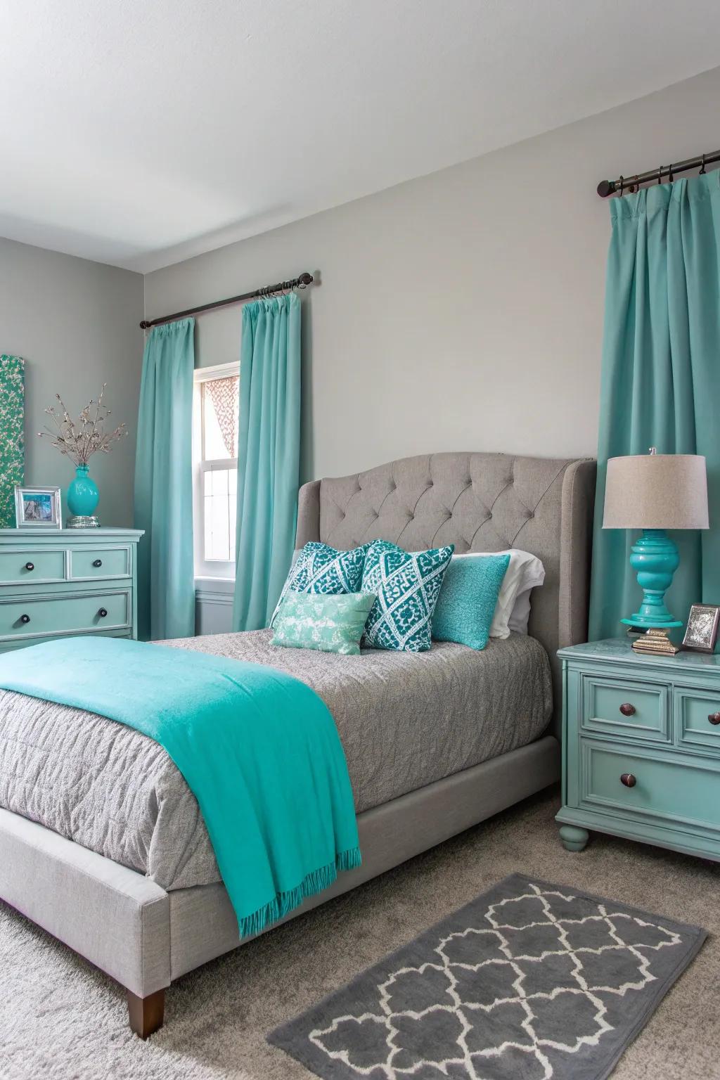Blending grey and turquoise furniture for a stylish bedroom