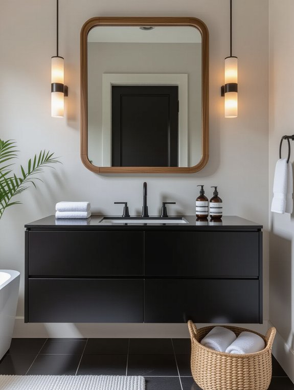 modern black vanity with wood accents