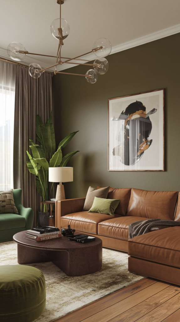 Brown leather couch with green plants in boho living room