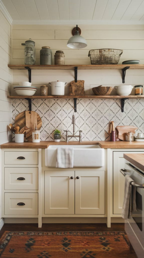 Classic farmhouse exterior with whitewashed walls and porch
