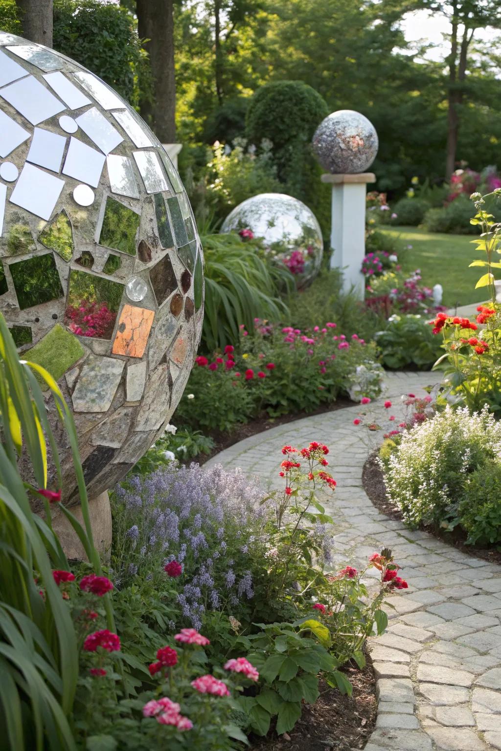 Garden art with mirrors reflecting sunlight and greenery.