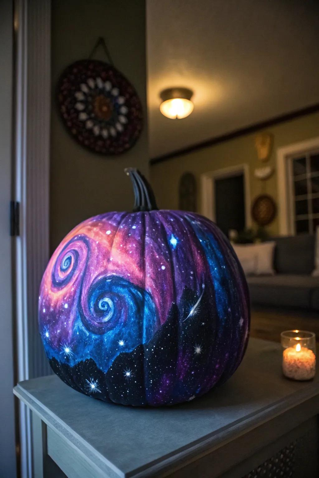Transform your pumpkin into a cosmic masterpiece with galaxy-inspired painting.